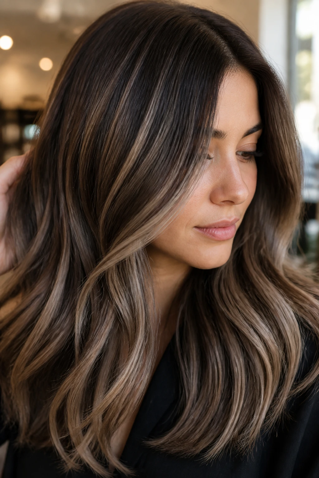 Close-up of brunette with greige blend highlights in soft salon light.