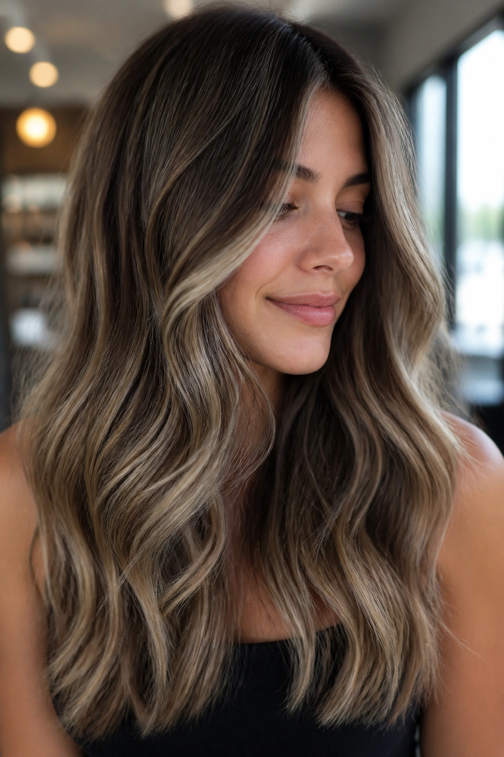 Close-up of a real person with greige highlights blending brown and grey on hair.