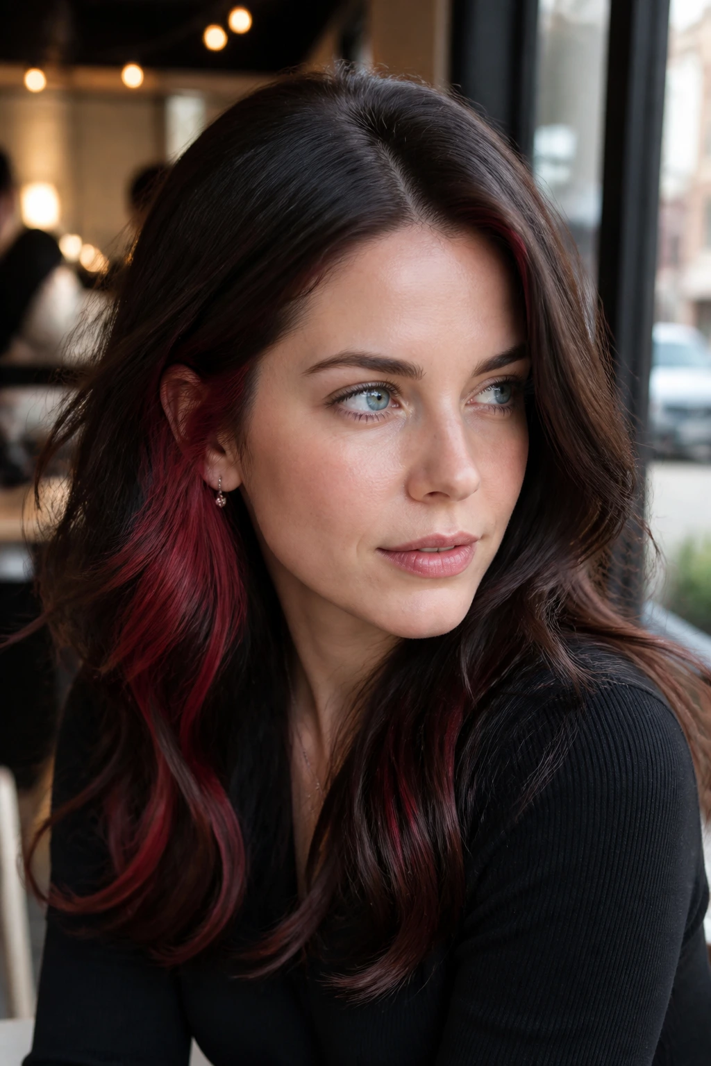 Portrait of a person with grenadine brunette and strawberry peekaboo panels near the ear.