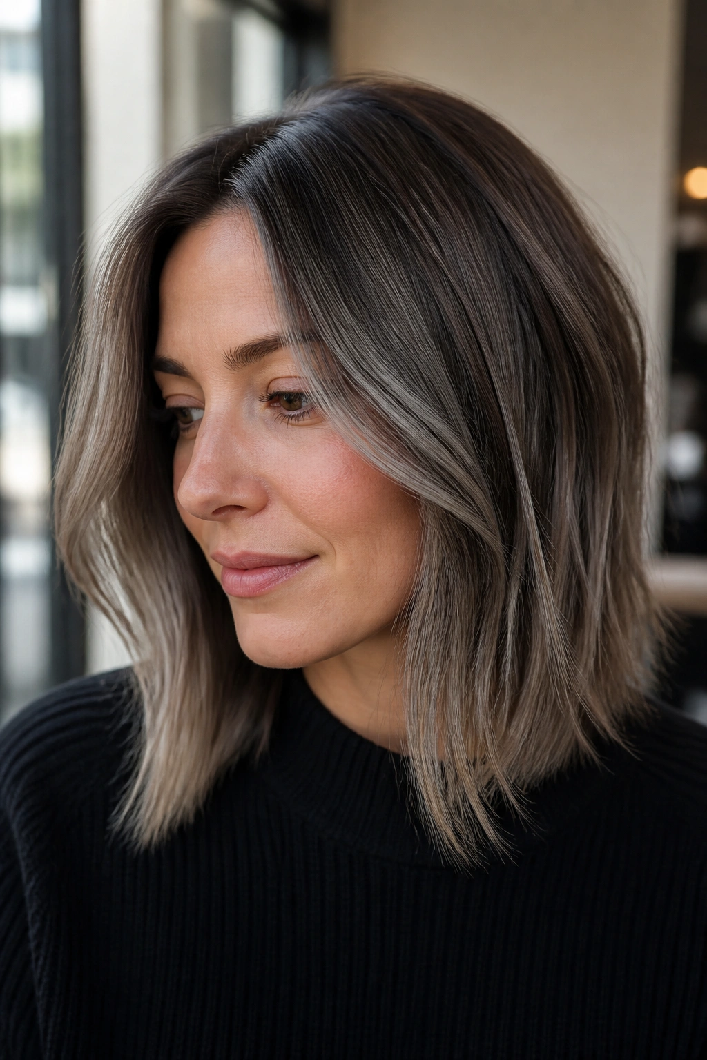 Medium-length lob with subtle grey babylights