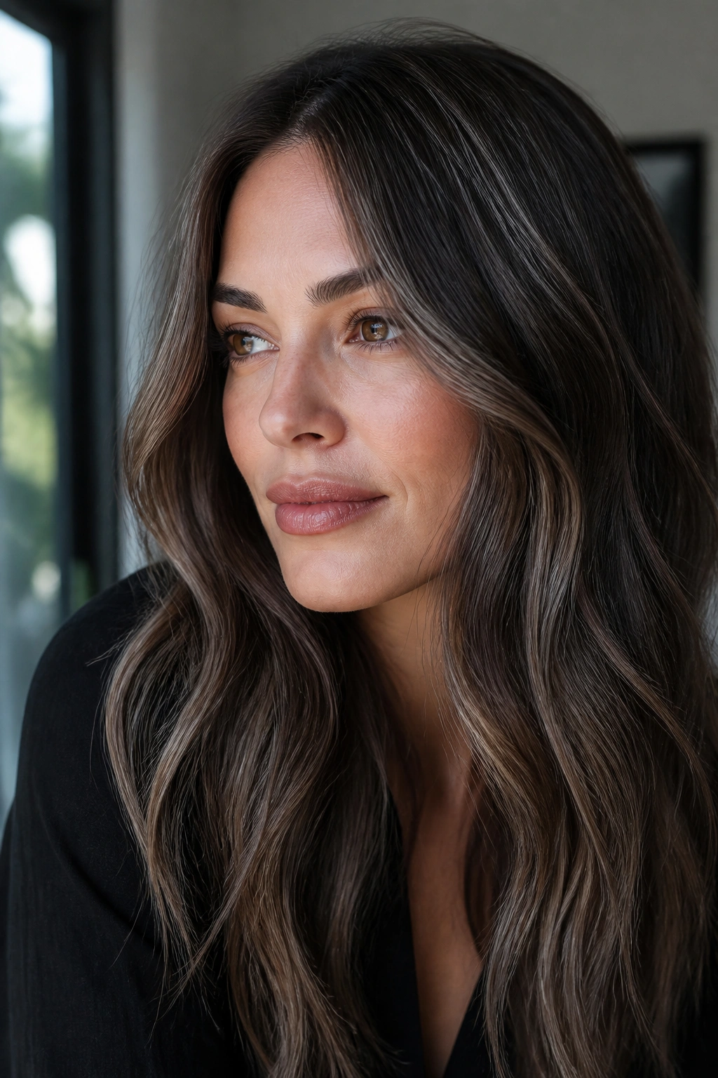 Close-up of real person with grey babylights in brunette hair