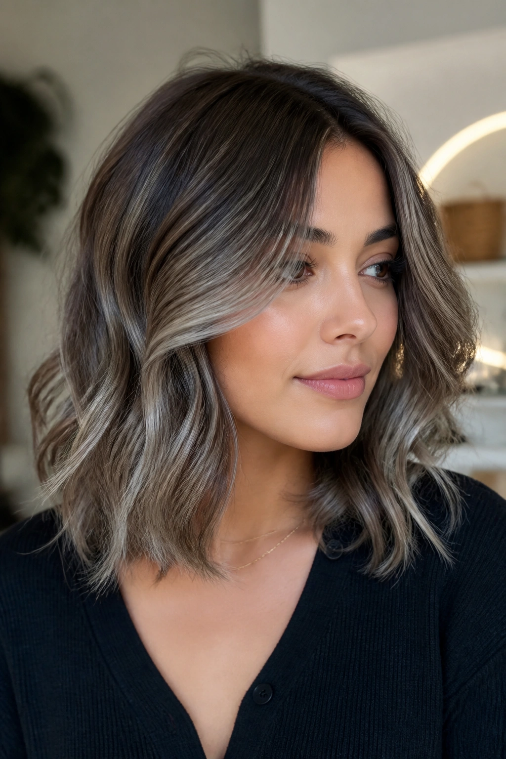 Close-up of real person with grey balayage on a wavy lob