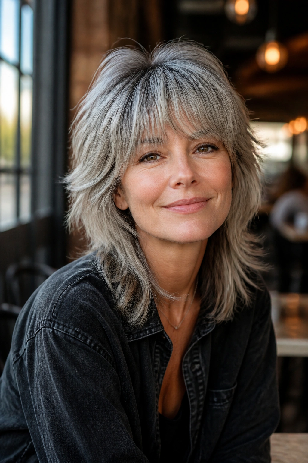 Portrait of a real person with grey bangs and a wolf cut