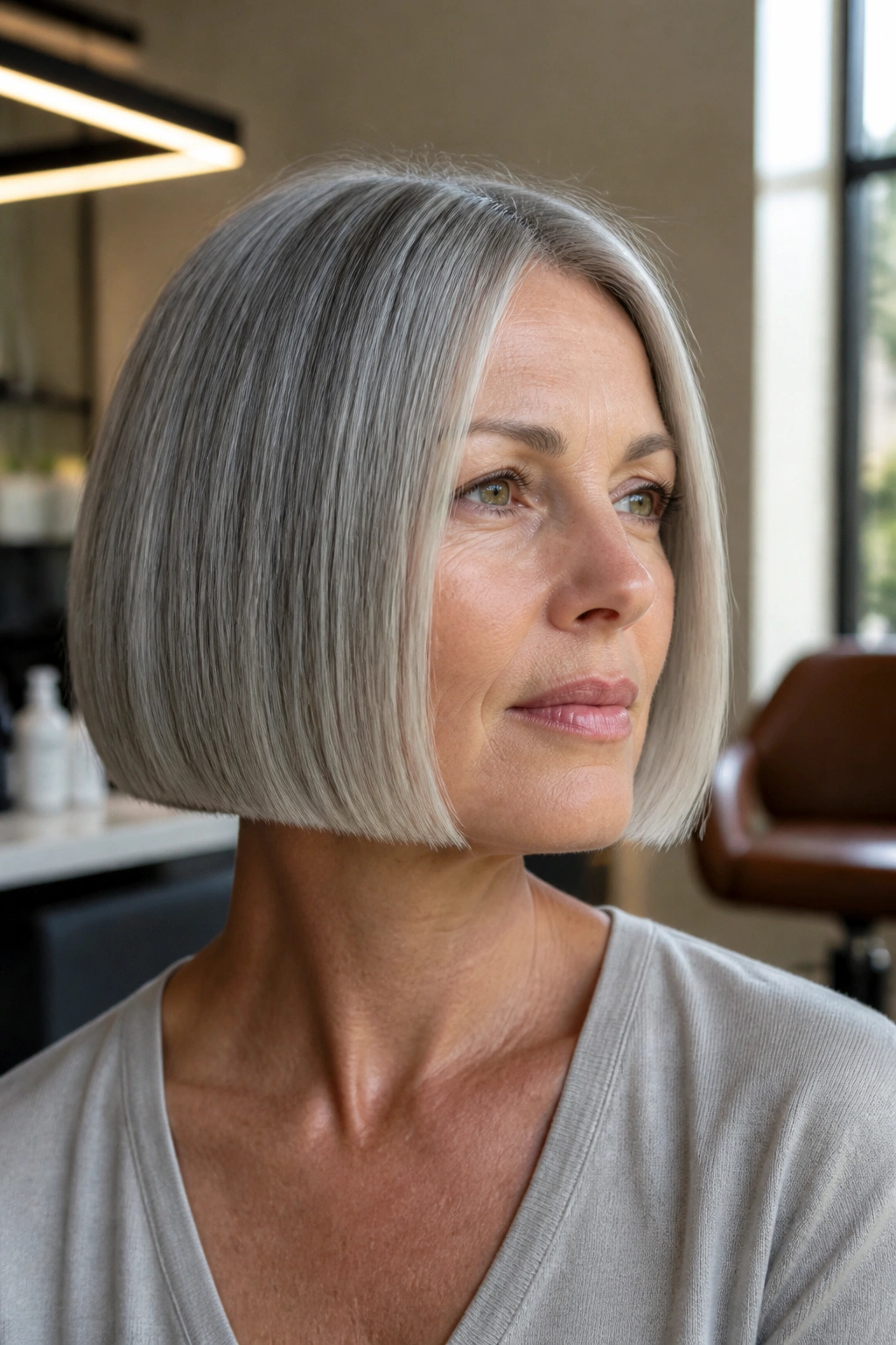 Close-up portrait of a real woman with a blunt chin-length grey bob and crisp edge.