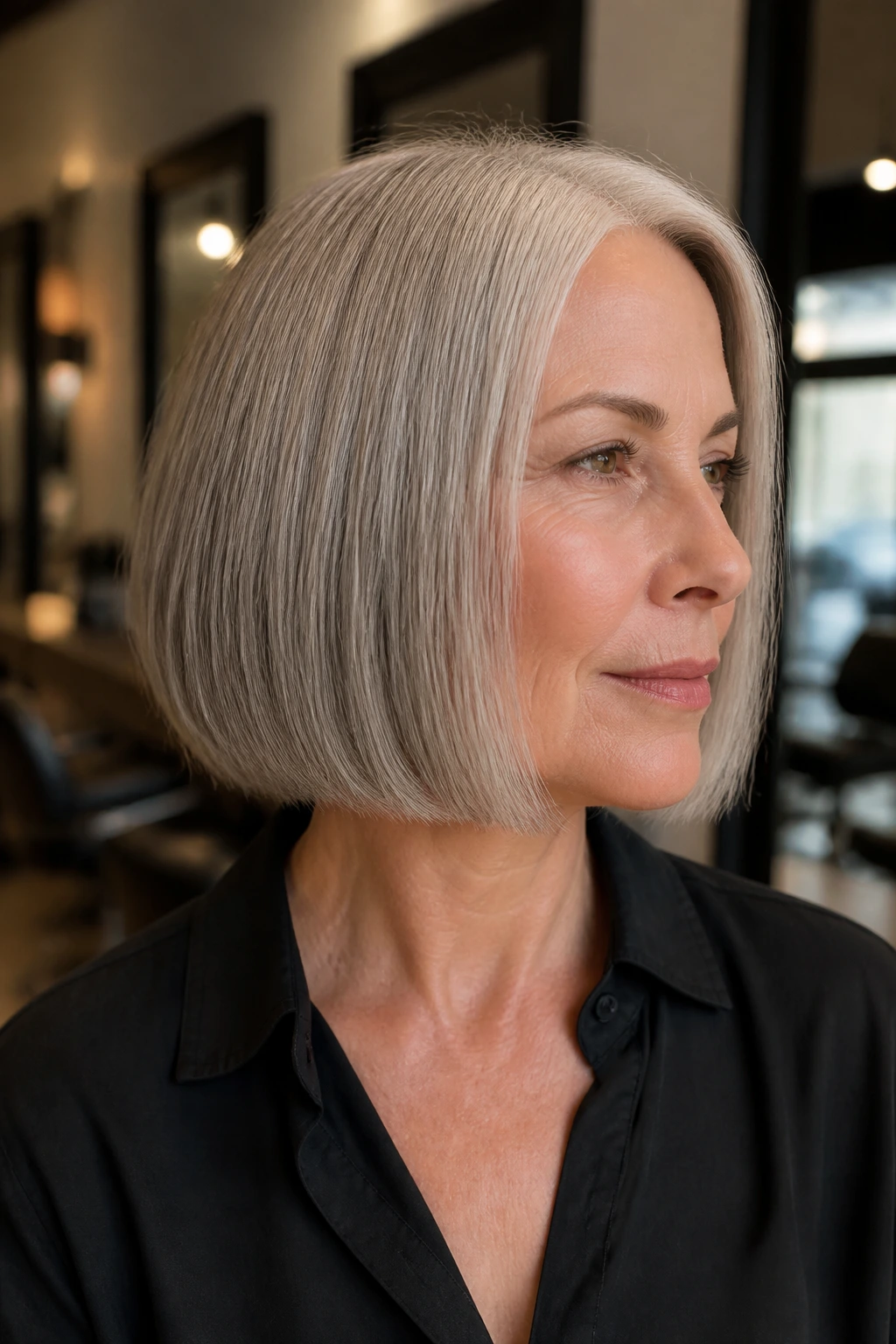 Close-up of a real woman with a blunt grey bob featuring clean edges