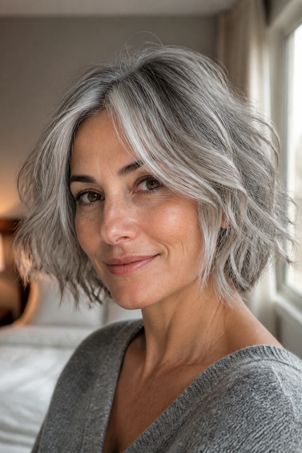 Close-up portrait of a real woman with a grey tousled bob with piecey ends, natural window light.