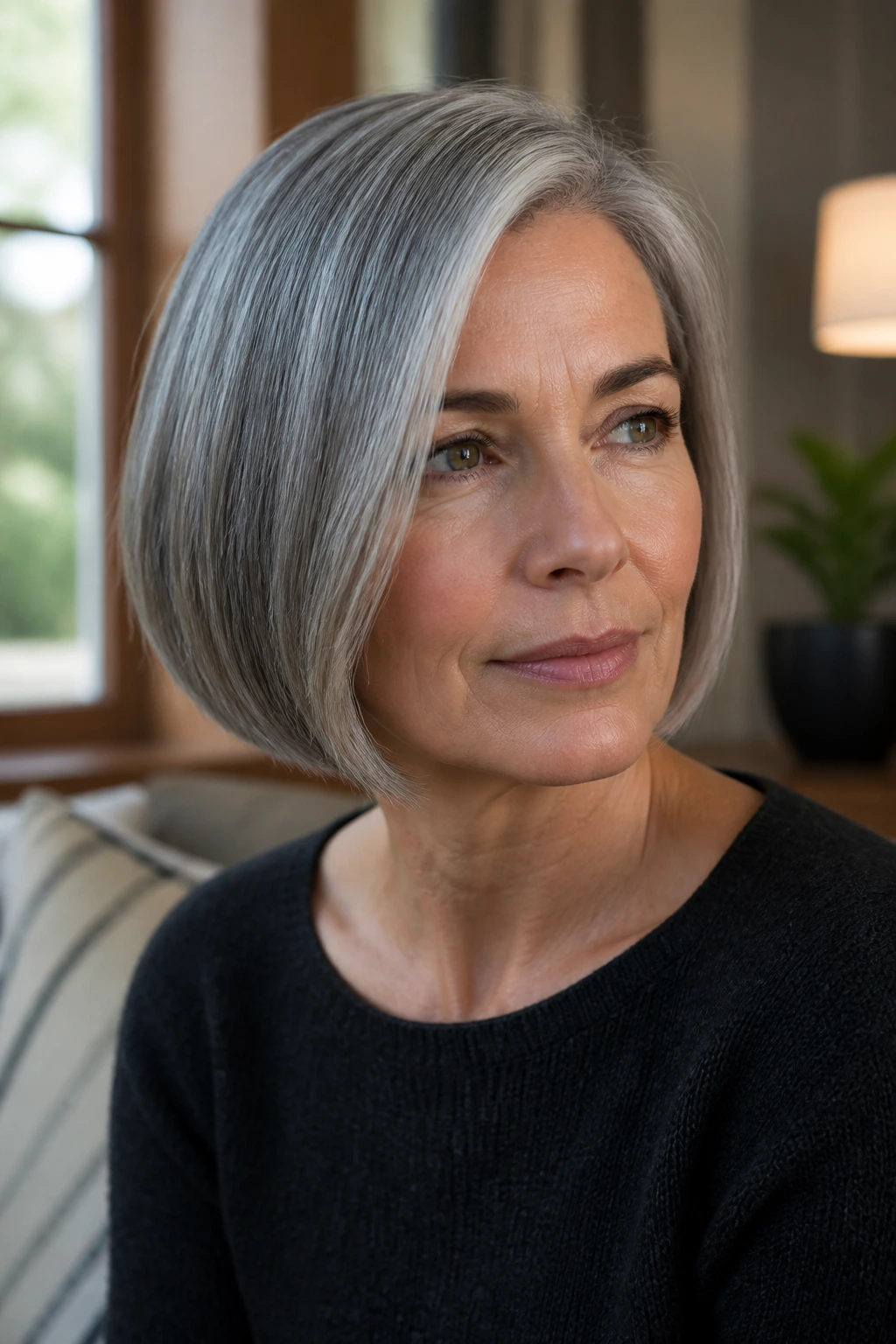 Close-up portrait of a real woman with a grey bob, thoughtful expression, warm window light