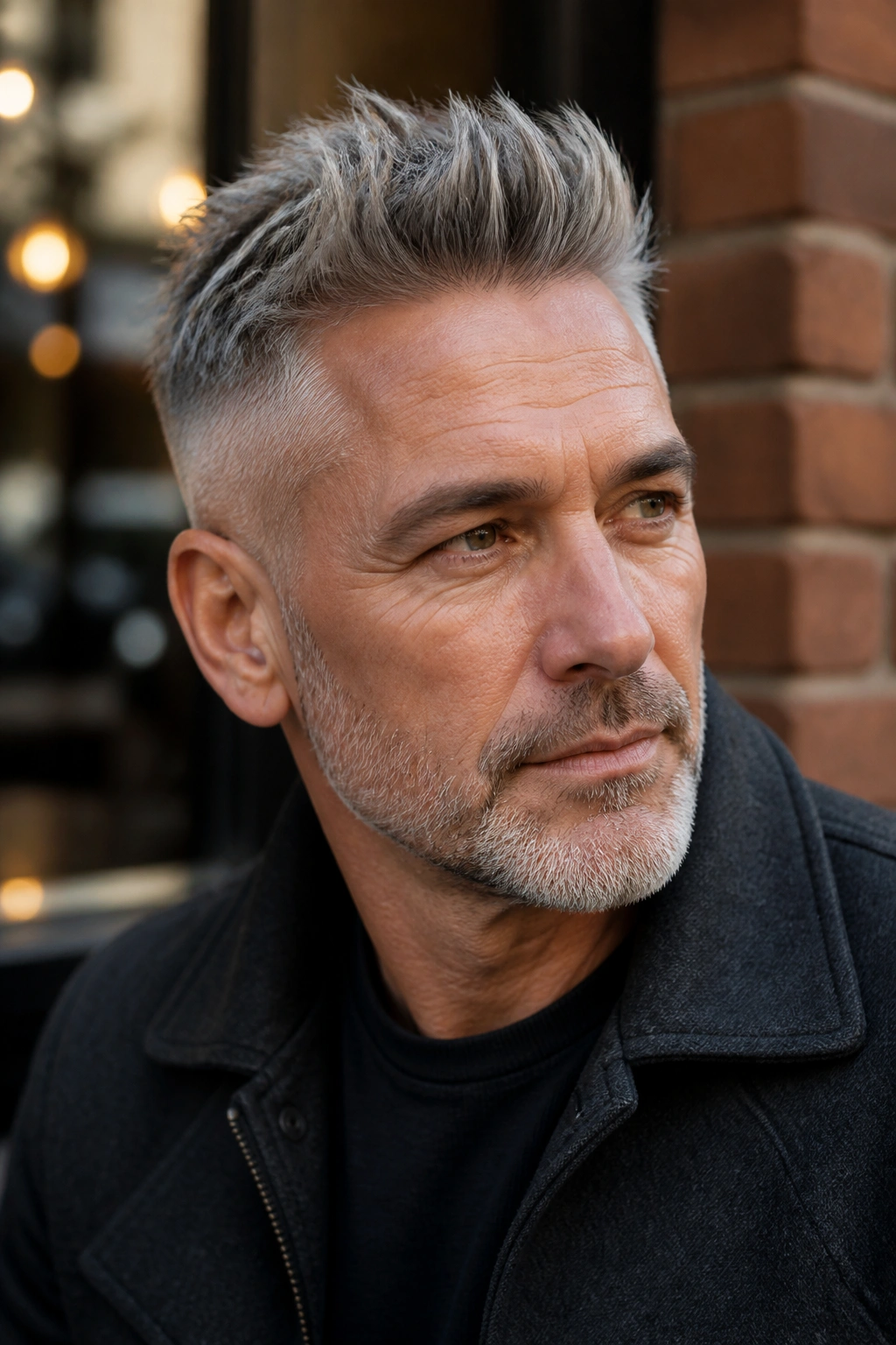 Portrait of a man with grey brush up hairstyle in outdoor urban setting