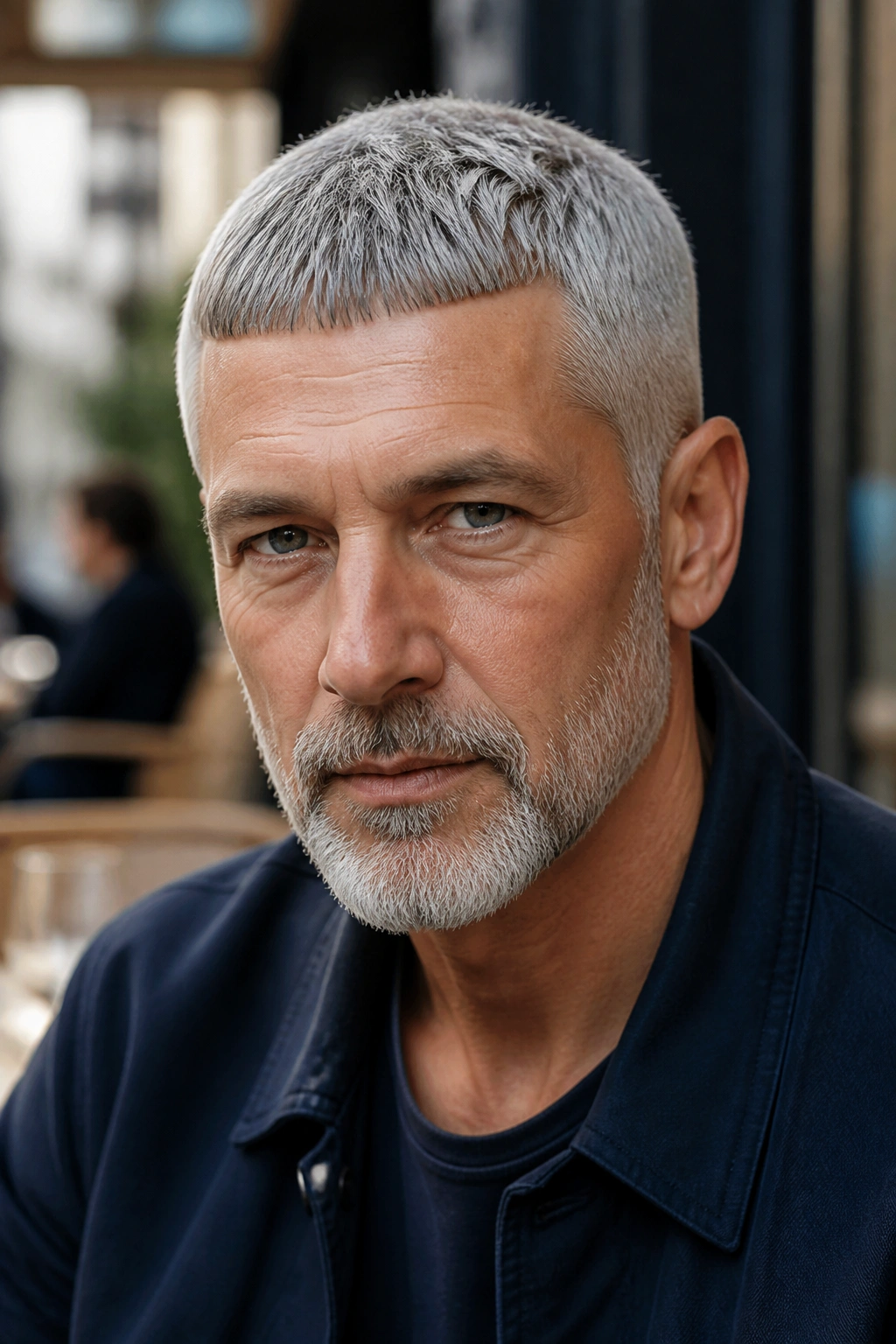 Close-up of a man with a grey Caesar cut on a city street.