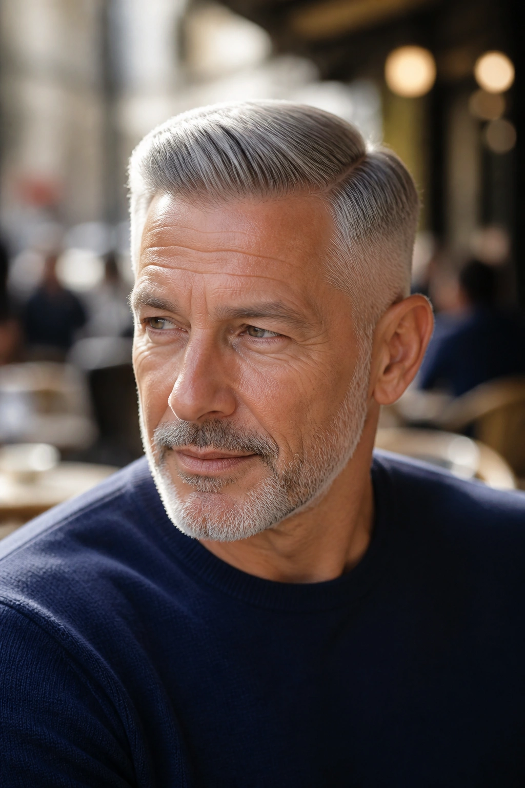 Close-up of a man with a classic grey comb over in warm outdoor light