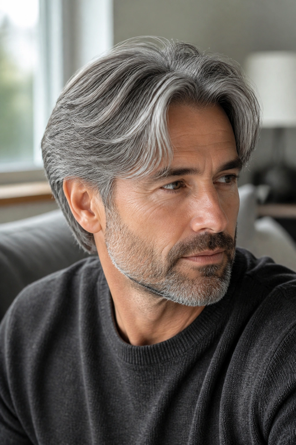 Close-up portrait of a man with grey curtain hairstyle and middle part.