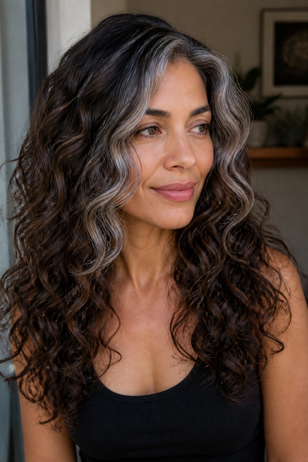 Close-up of a real woman with grey face-frame pieces on long curly hair.