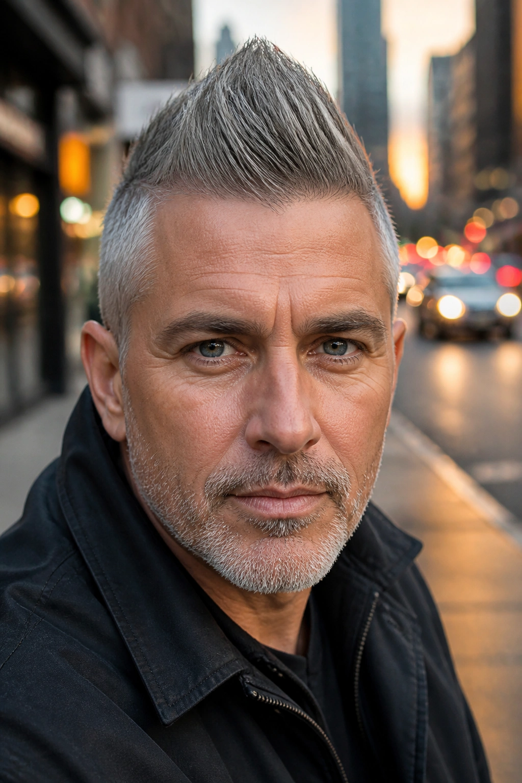 Portrait of a man with grey faux hawk hairstyle in an urban setting