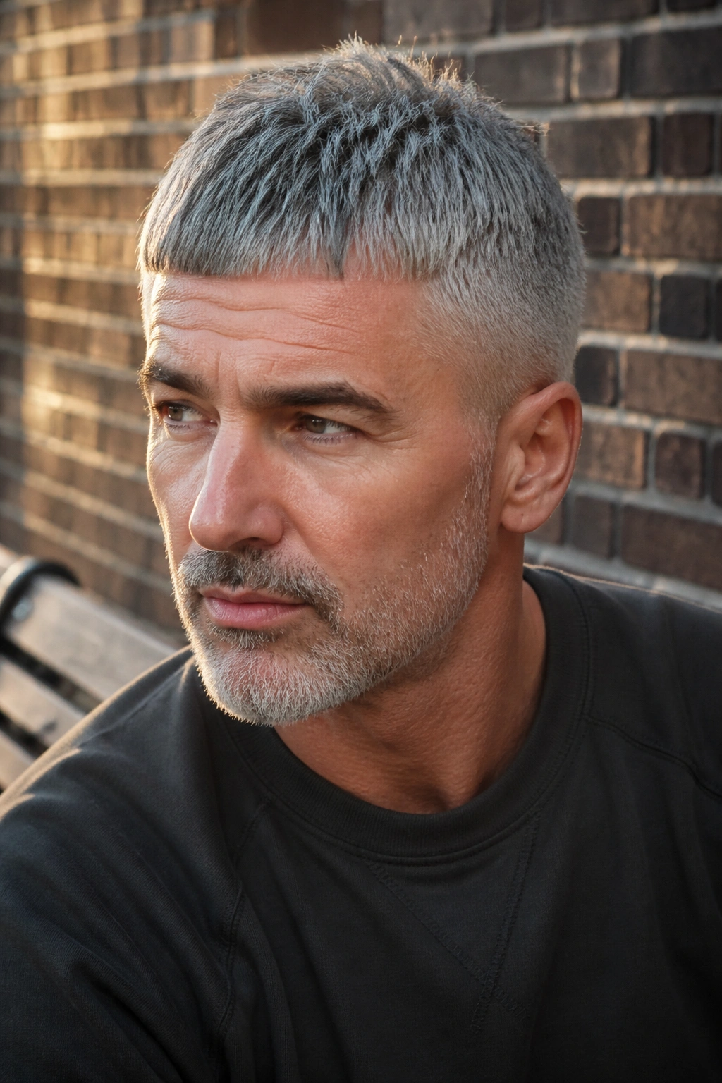 Close-up of a man with a grey French crop on a brick-wall backdrop.