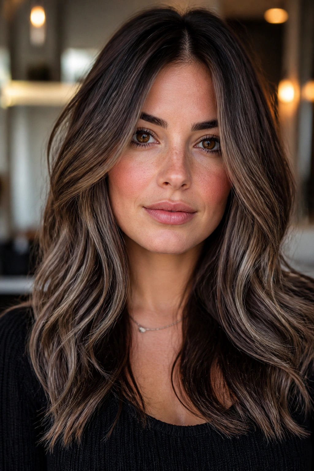 Close-up of a real woman with warm brunette hair toned by a soft grey glaze
