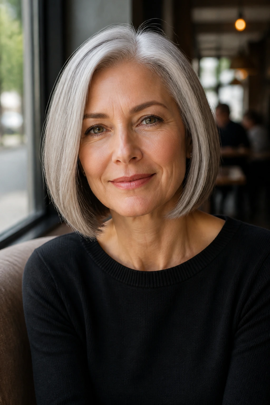 Close-up of a real woman with a grey sleek blunt lob in soft cafe light