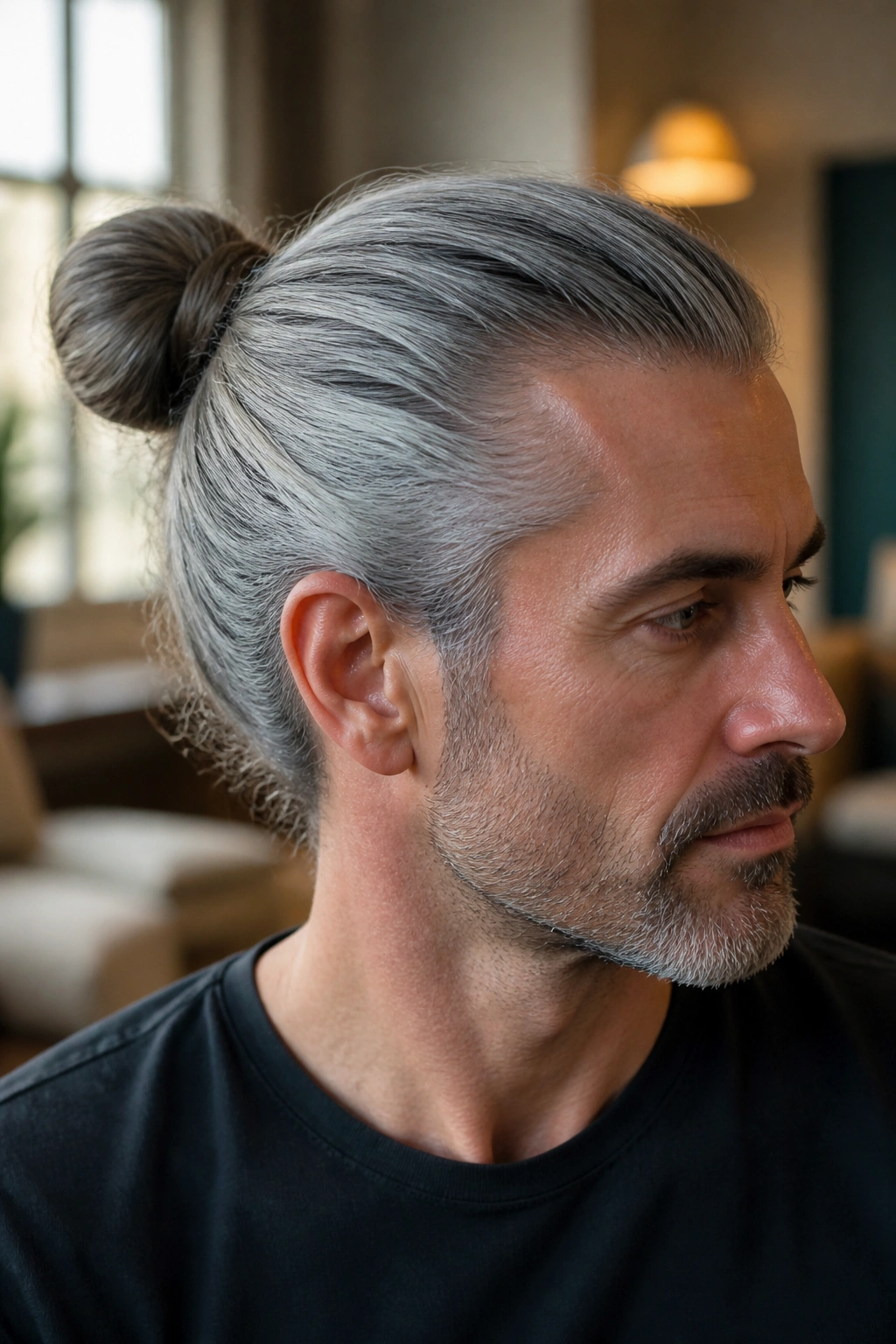 Close-up portrait of a real man with a grey man bun in natural window light.