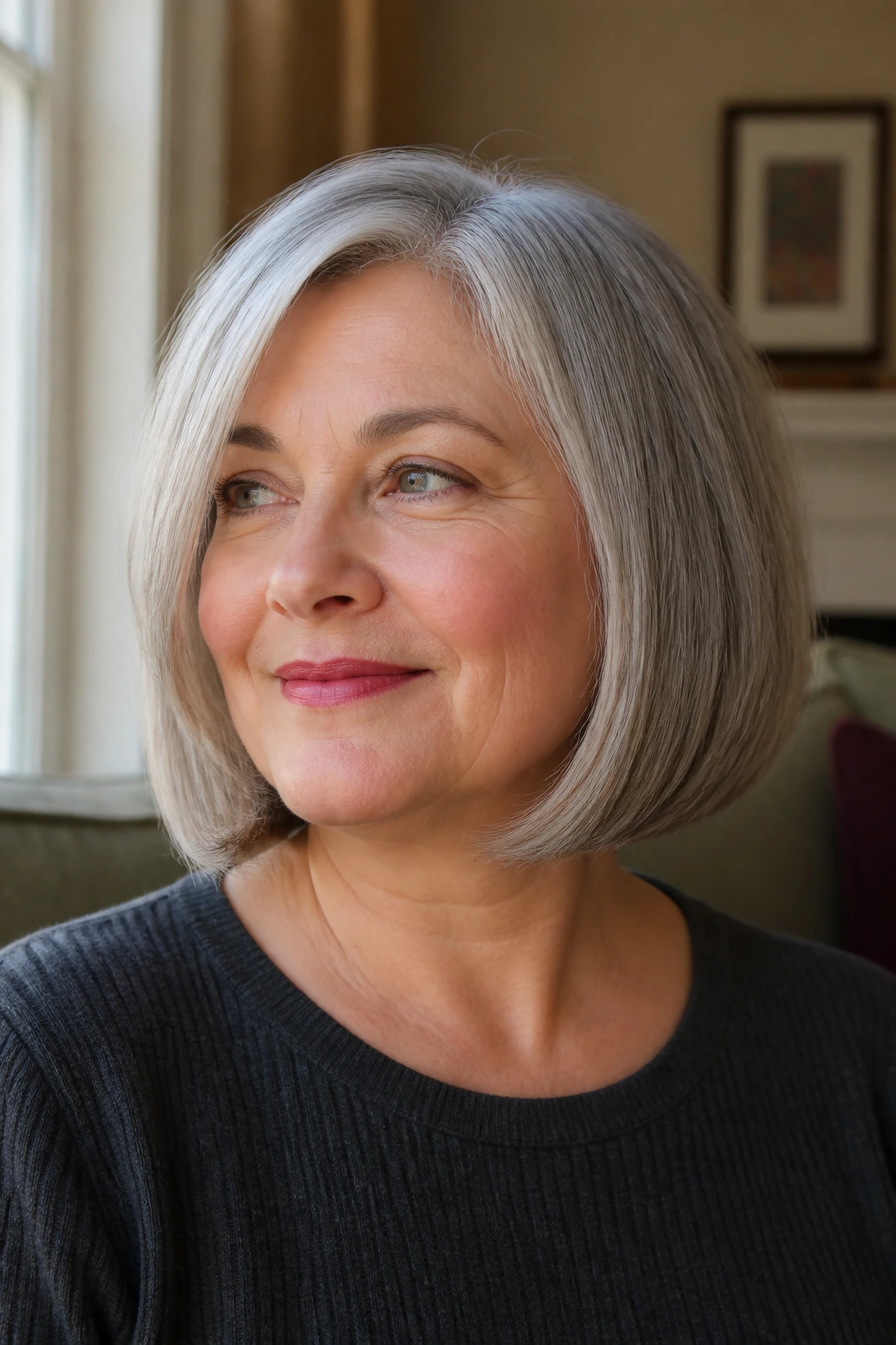 Close-up portrait of a real woman with a grey jaw-skimming crop and tucked ends.
