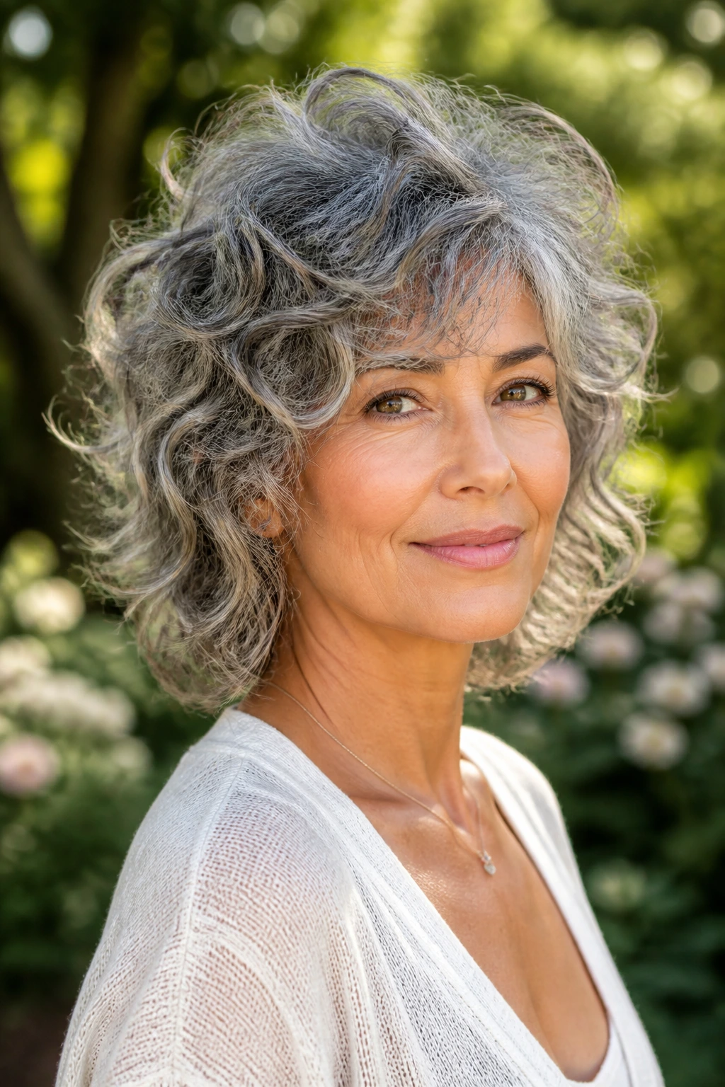 Close-up of a real woman with grey curly shag in a sunlit garden