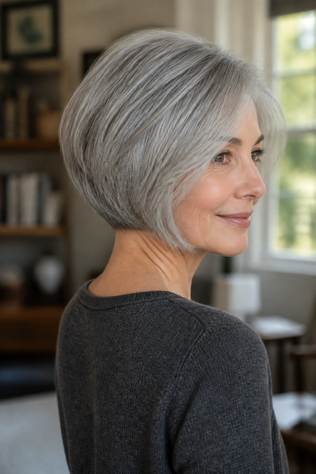 Portrait of a woman with a graduated bob showing a short back and longer front in grey hair.
