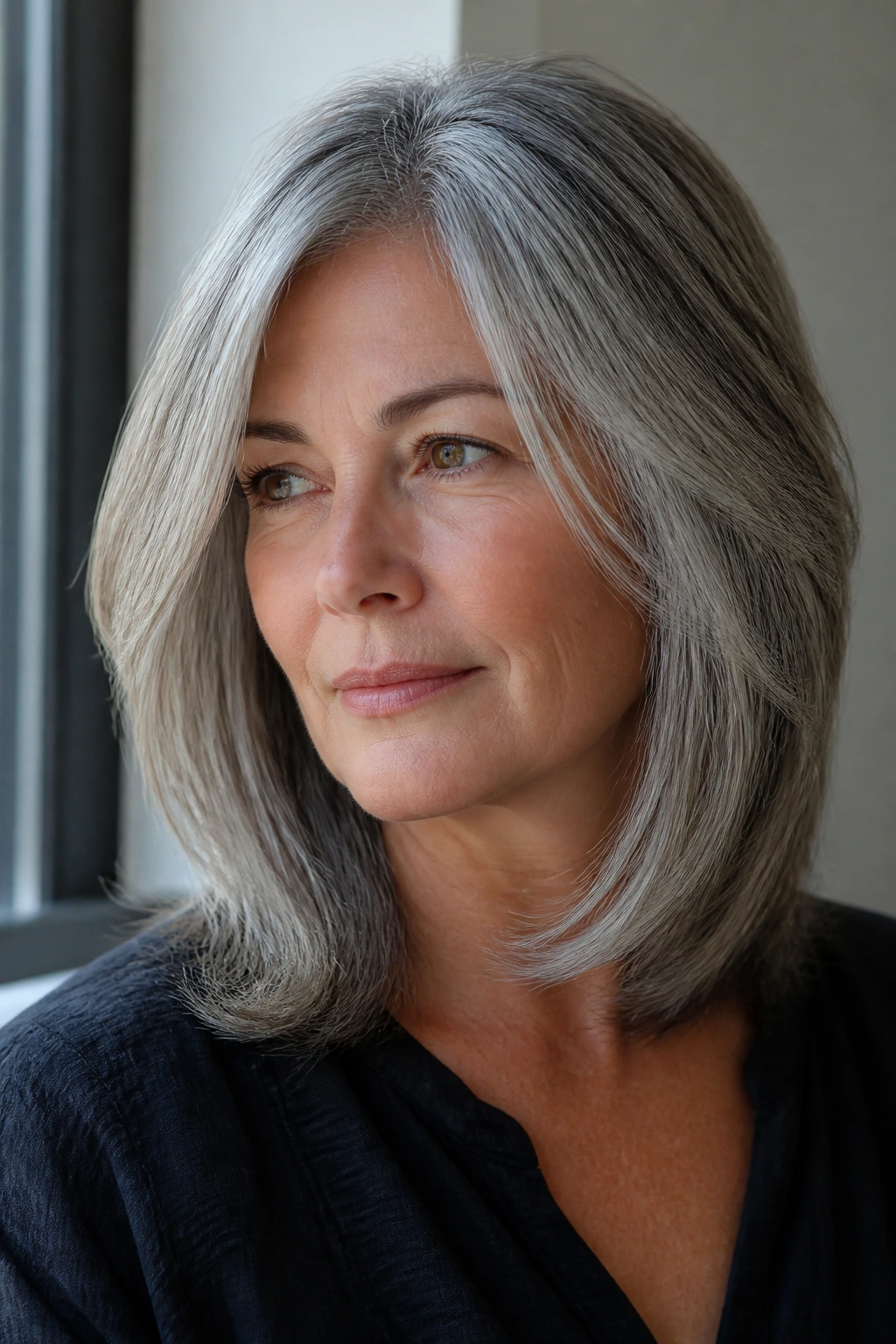 Portrait of a real woman with medium-length grey hair and internal layers.