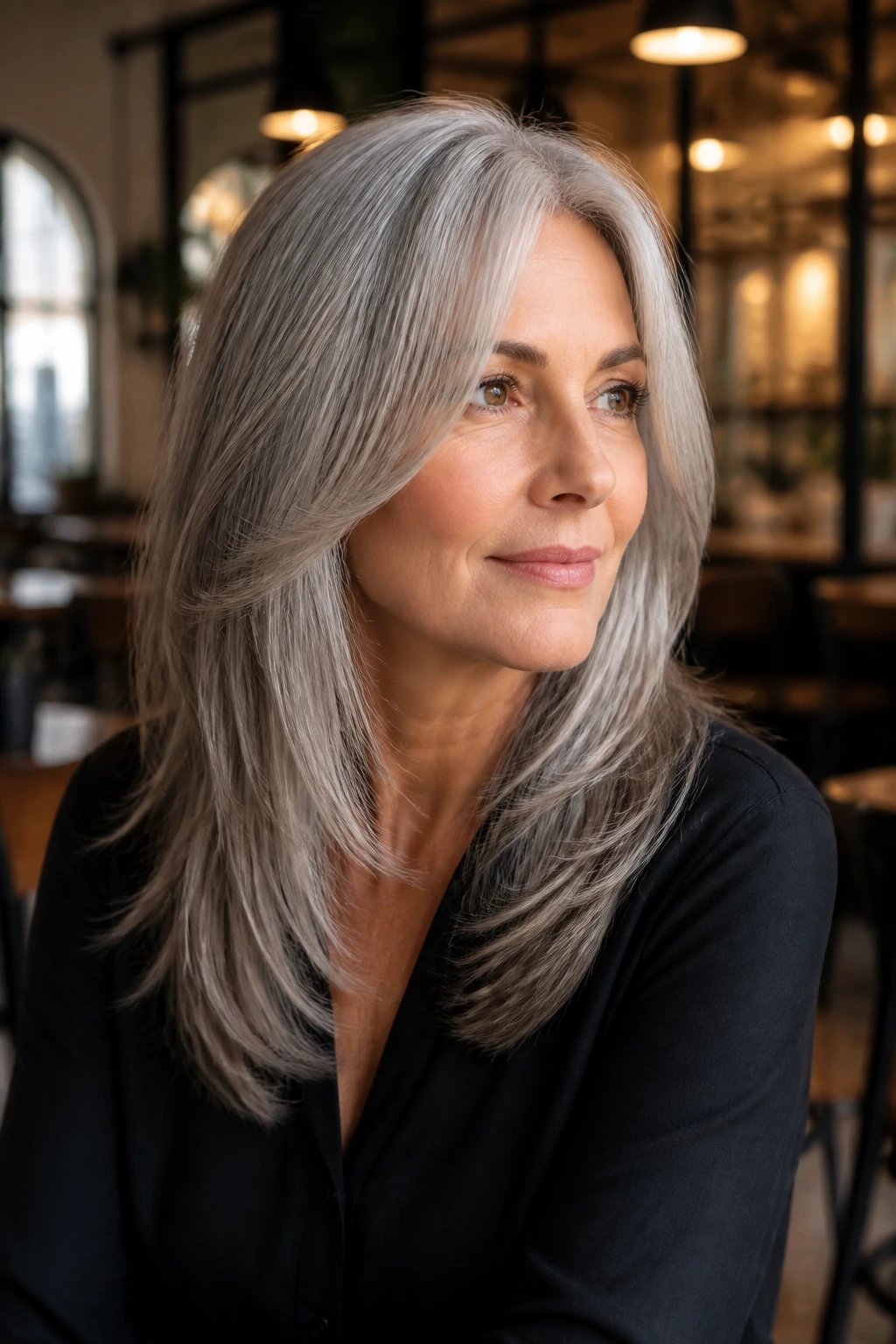 Portrait of a real woman with layered grey midi cut and face-framing pieces