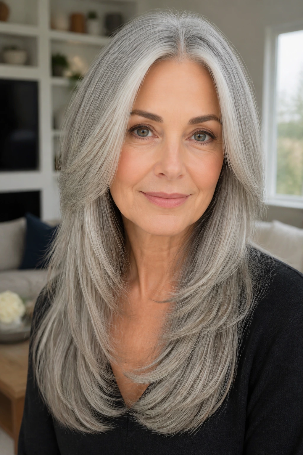 Close-up portrait of a real woman with long grey layers in a U-shape, in a calm living room.