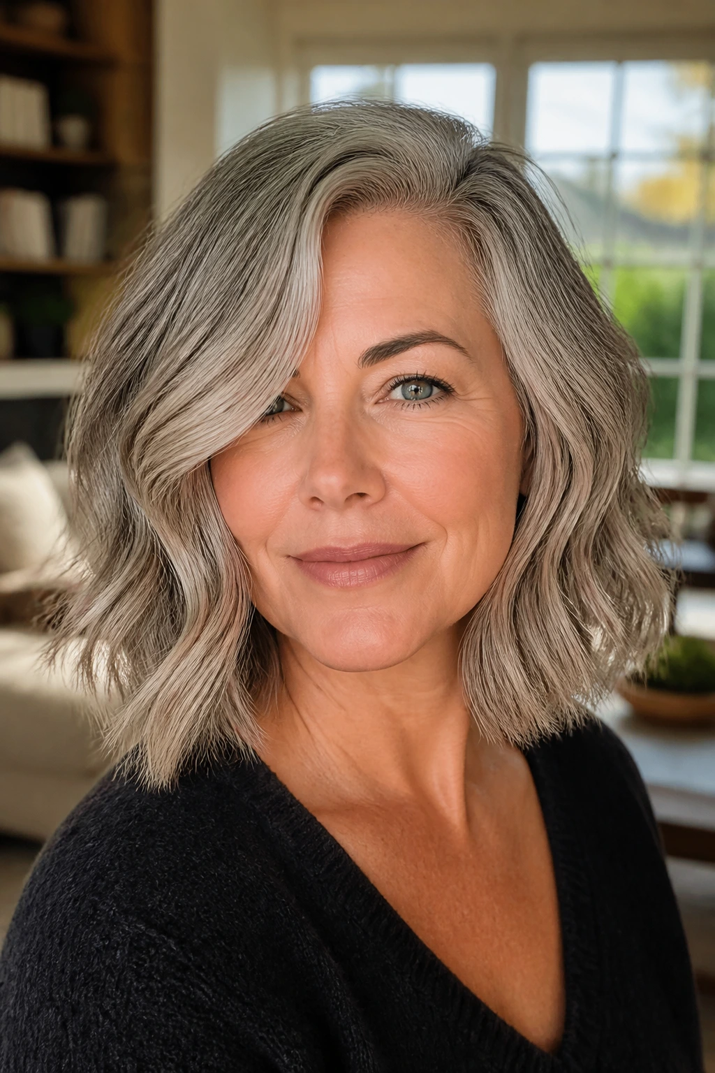 Close-up of a real woman with a grey wavy lob and off-center part in natural window light