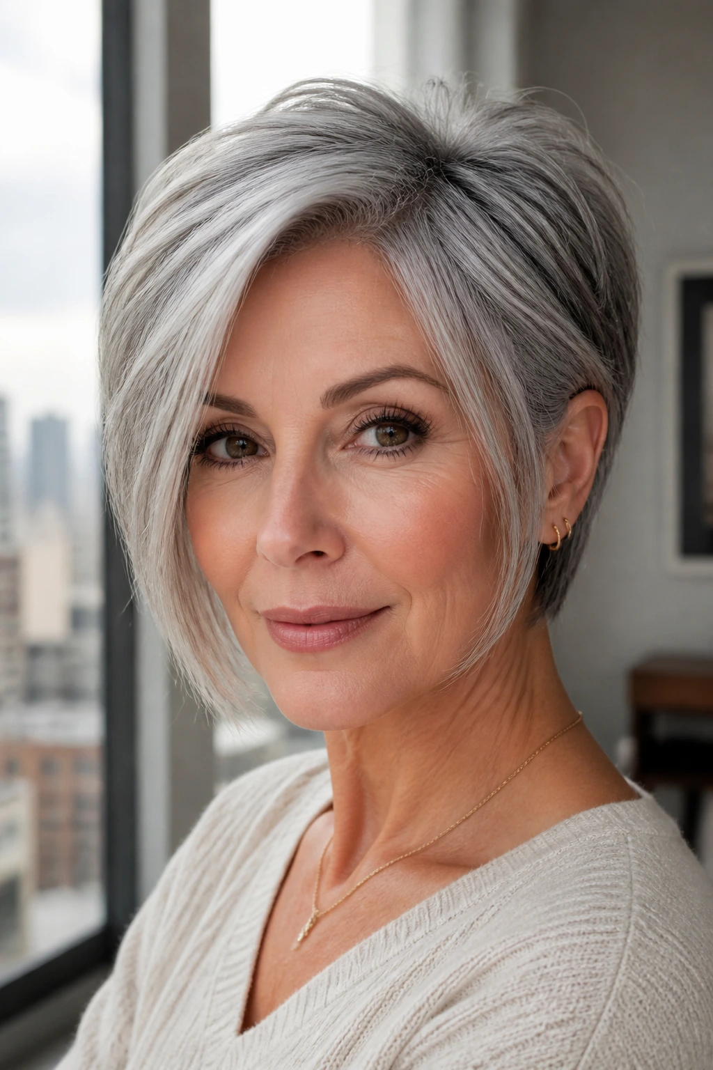 Close-up portrait of a woman with a pixie-bob hybrid and grey hair in natural daylight.