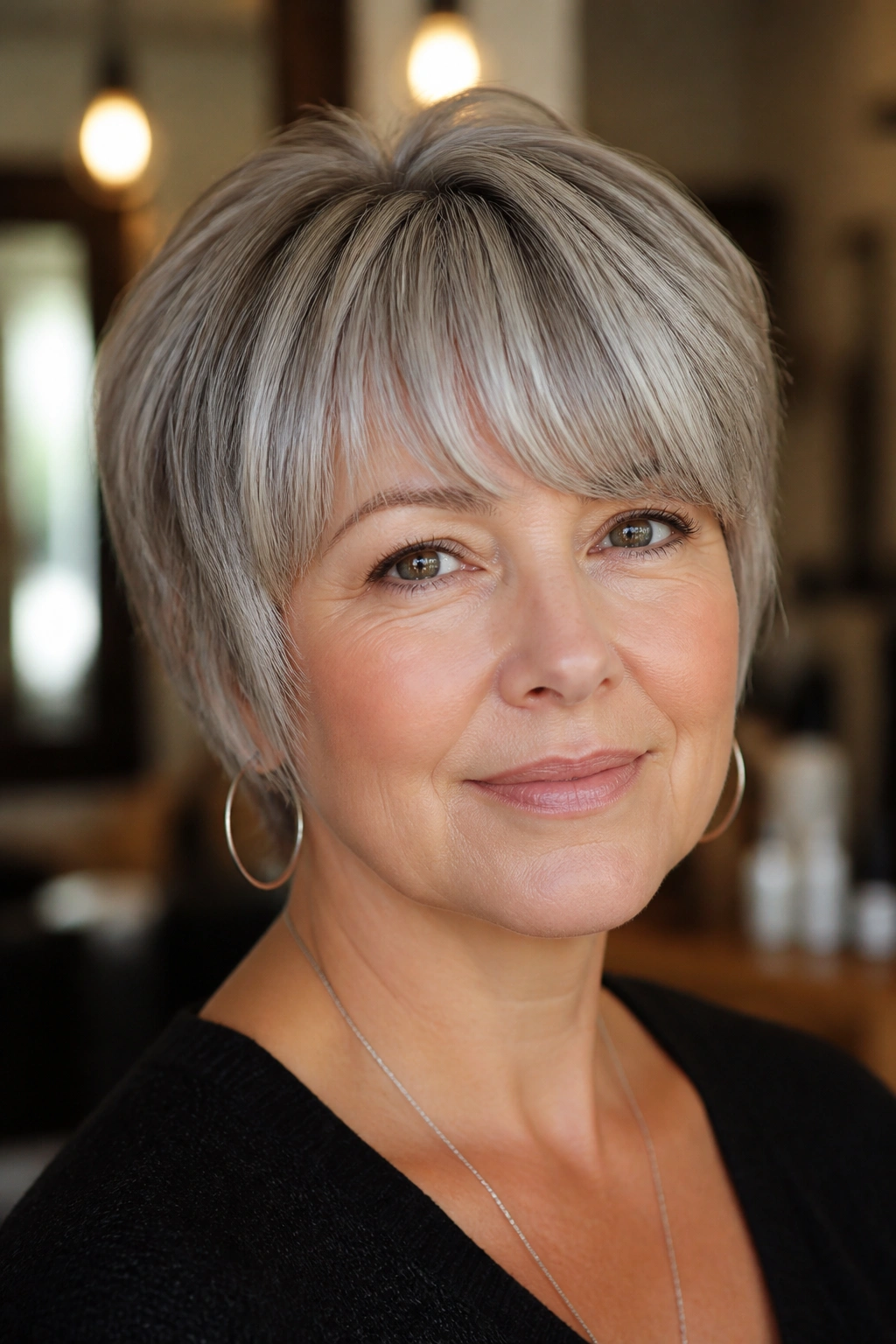 Close-up of a real woman with rounded fringe hugging the brows and grey hair
