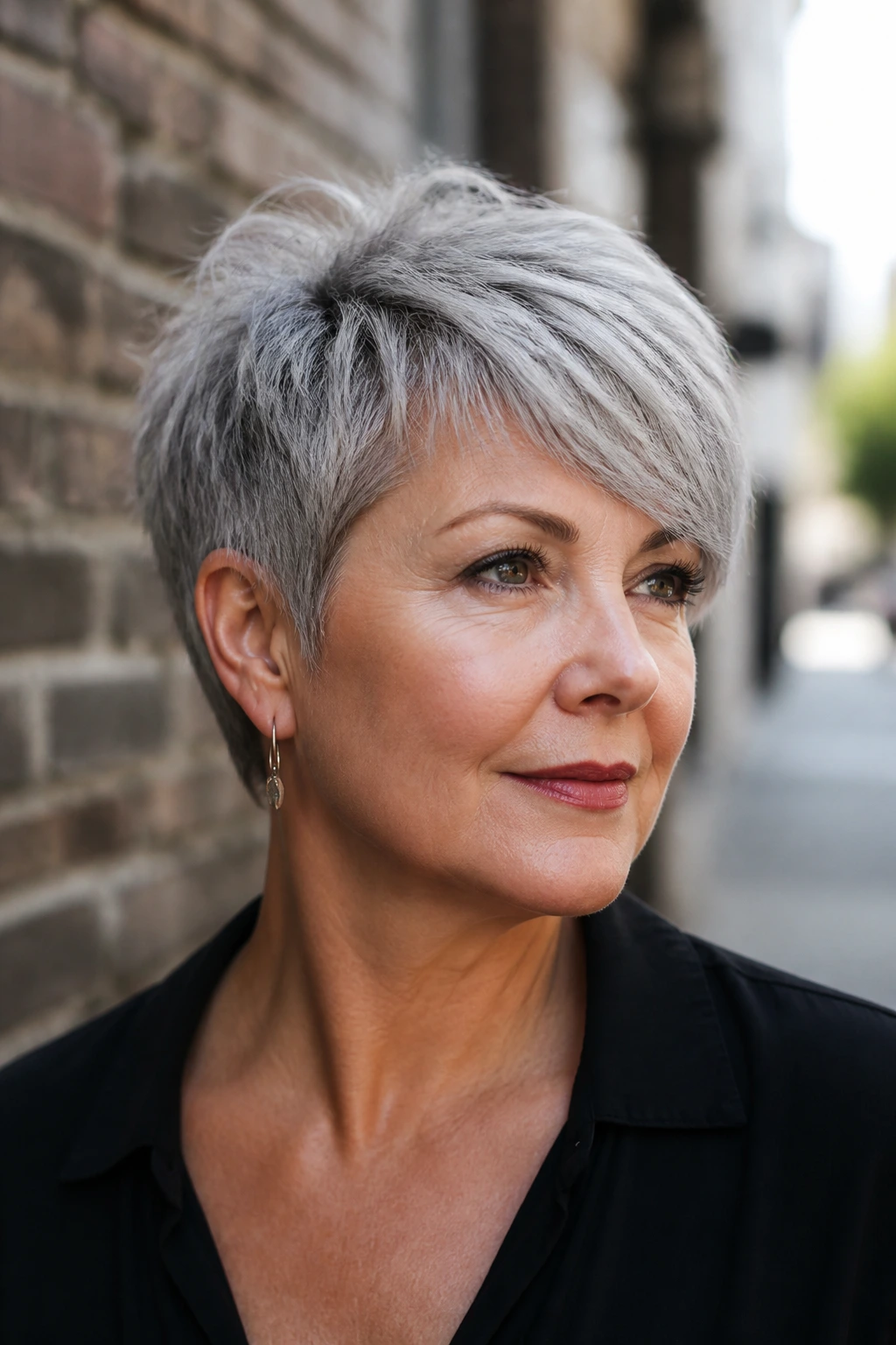 Portrait of a real woman with a grey textured crop and high side-swept fringe