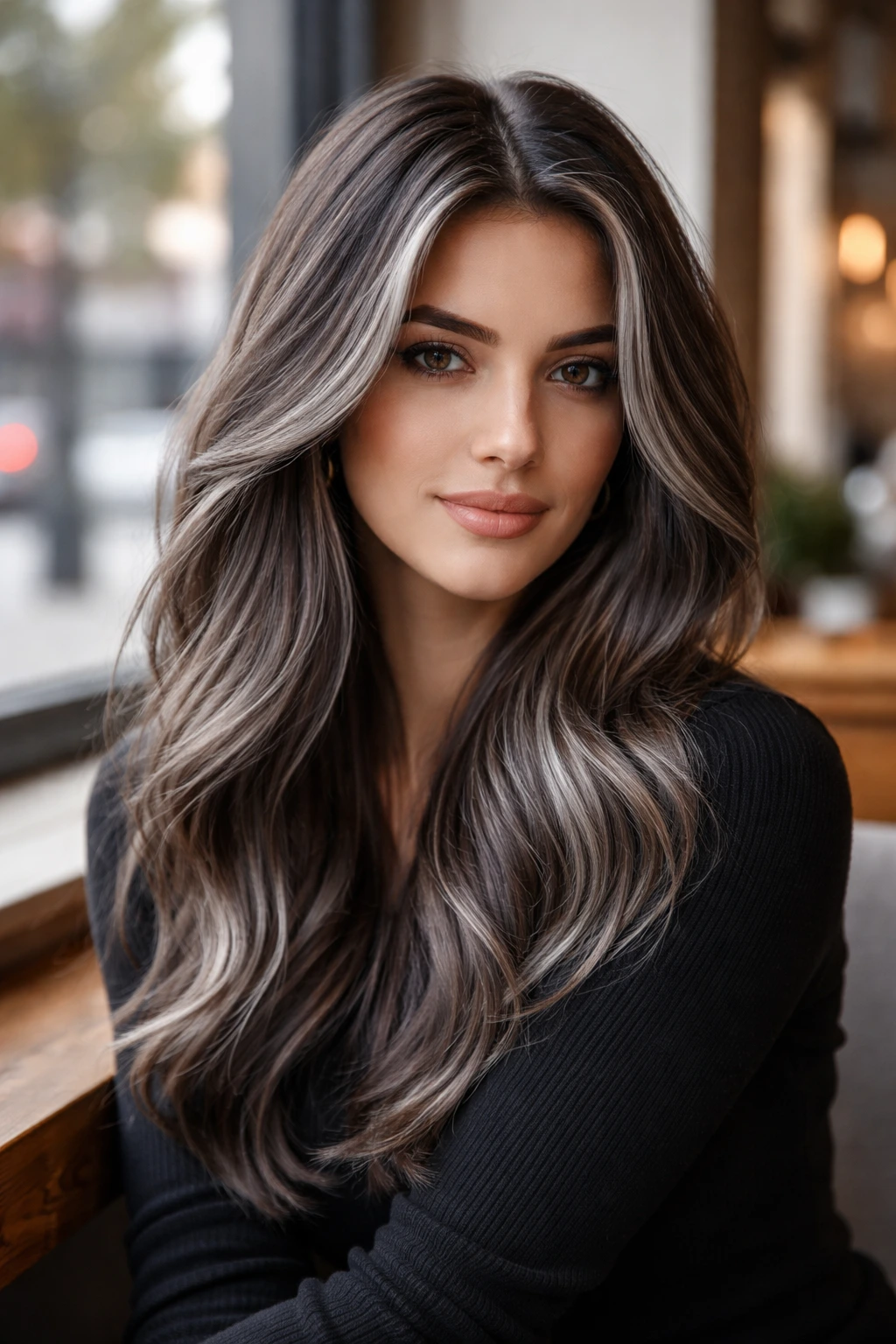 Close-up portrait of a real person with matte grey highlights on cool brown hair.