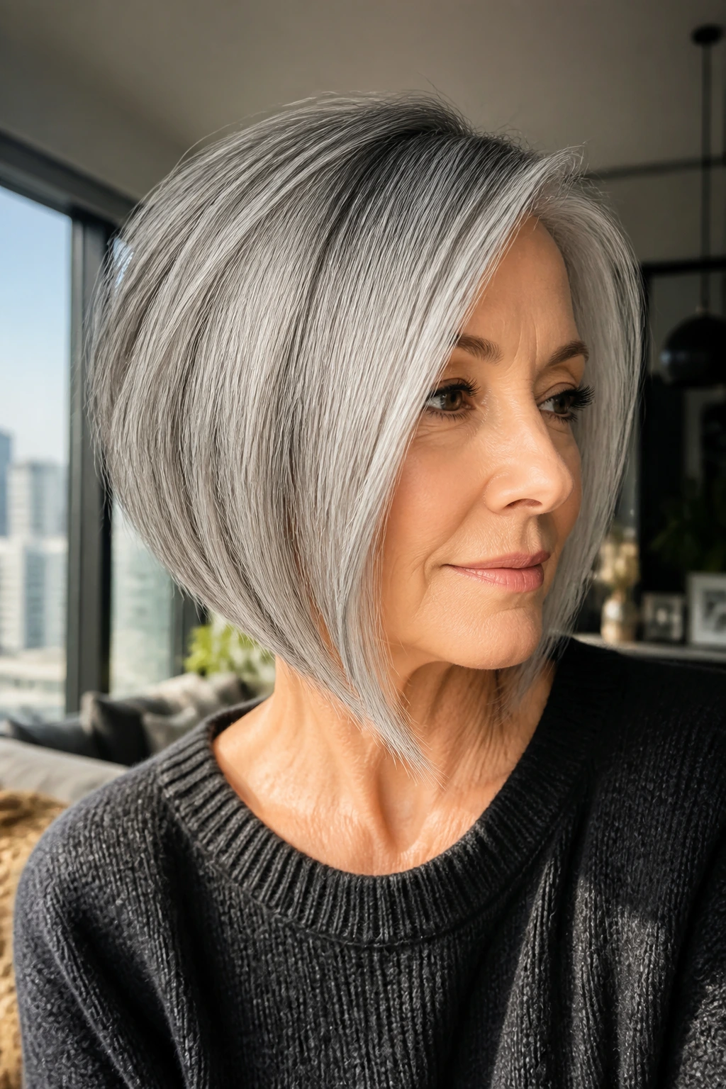 Close-up portrait of a real person with a soft inverted bob on grey hair