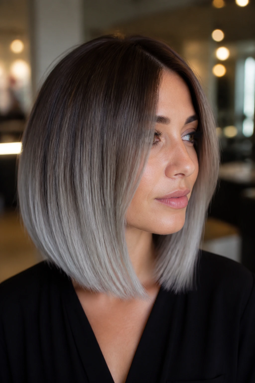 Close-up portrait of a woman with grey ombré on a bob