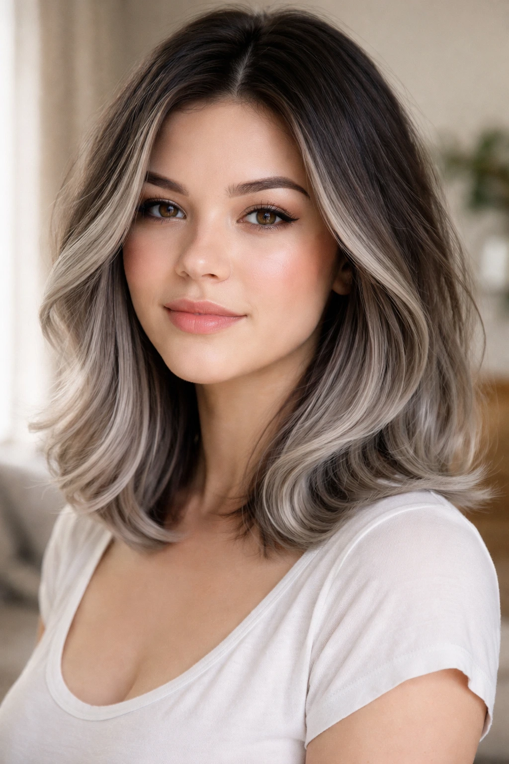 Collarbone-length lob with grey ombré gradient