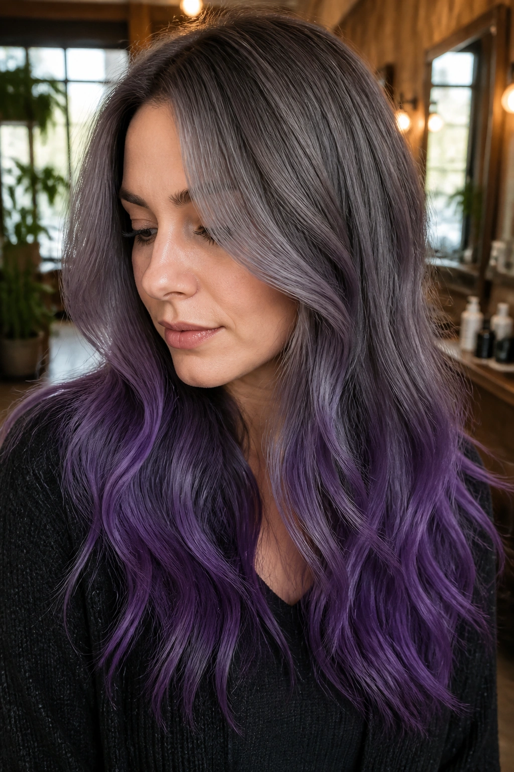 Close-up of steel grey to grape ombré hair on a real person with cool skin tone