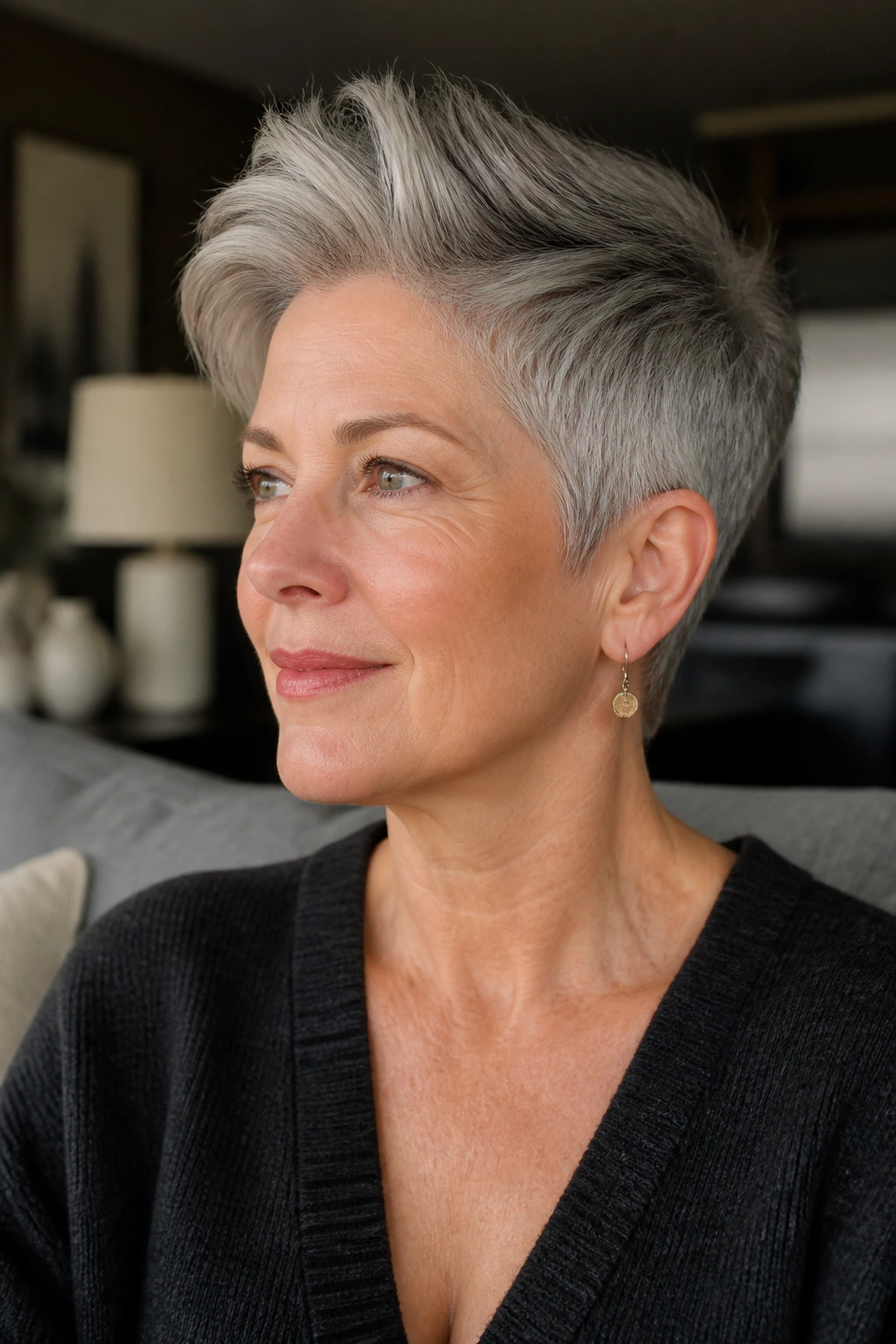 Close-up portrait of a real woman with a grey pixie cut and long top.