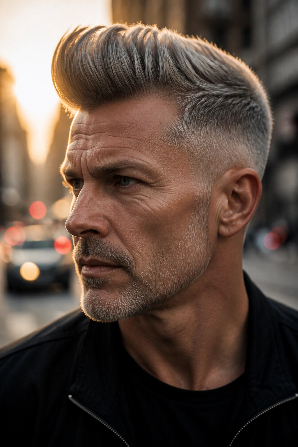 Close-up portrait of a man with grey pompadour in urban light