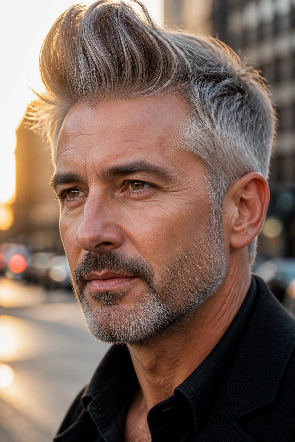 Close-up of a man with a grey quiff in city light