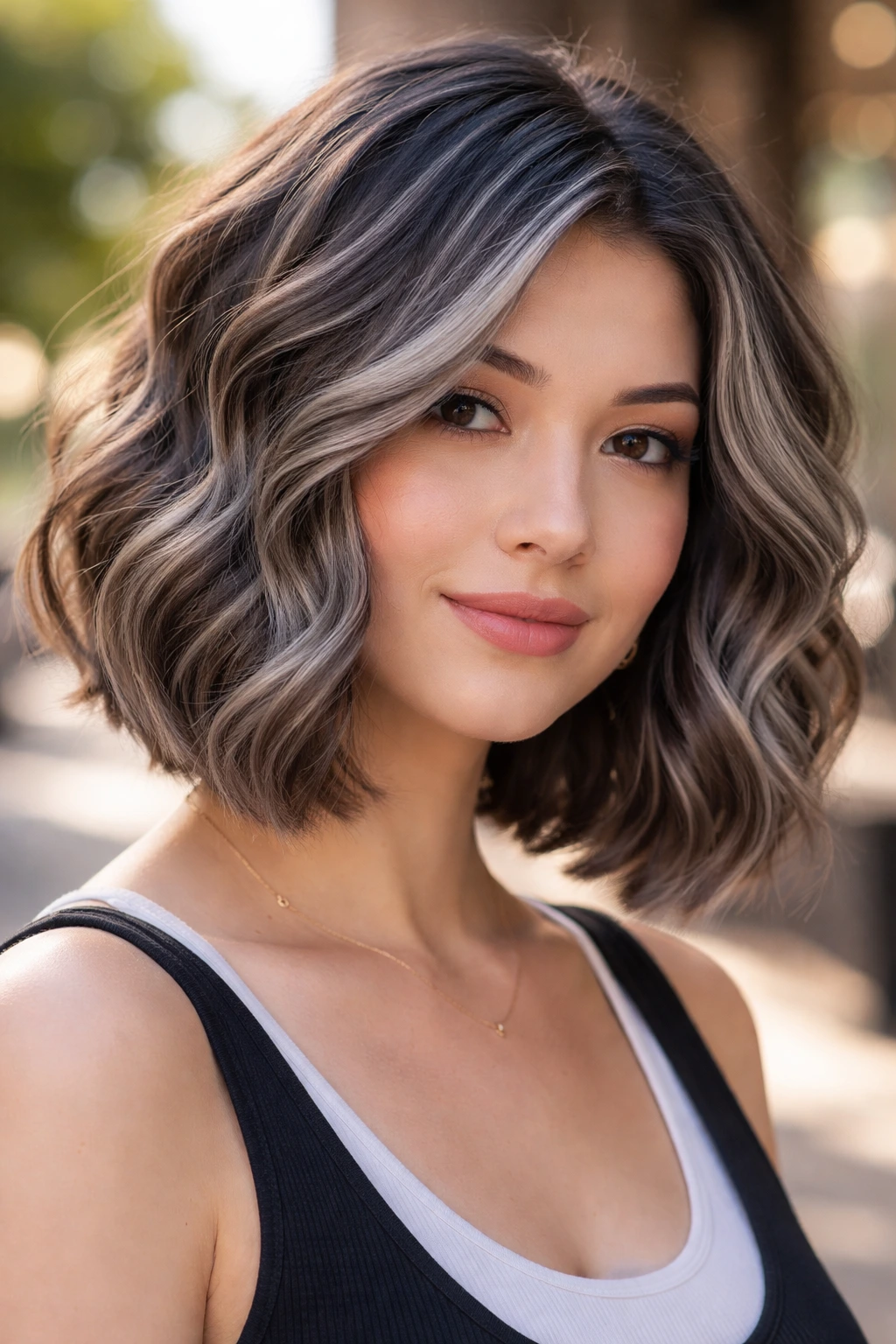 Close-up of a real woman with dimensional grey ribbons in a wavy bob