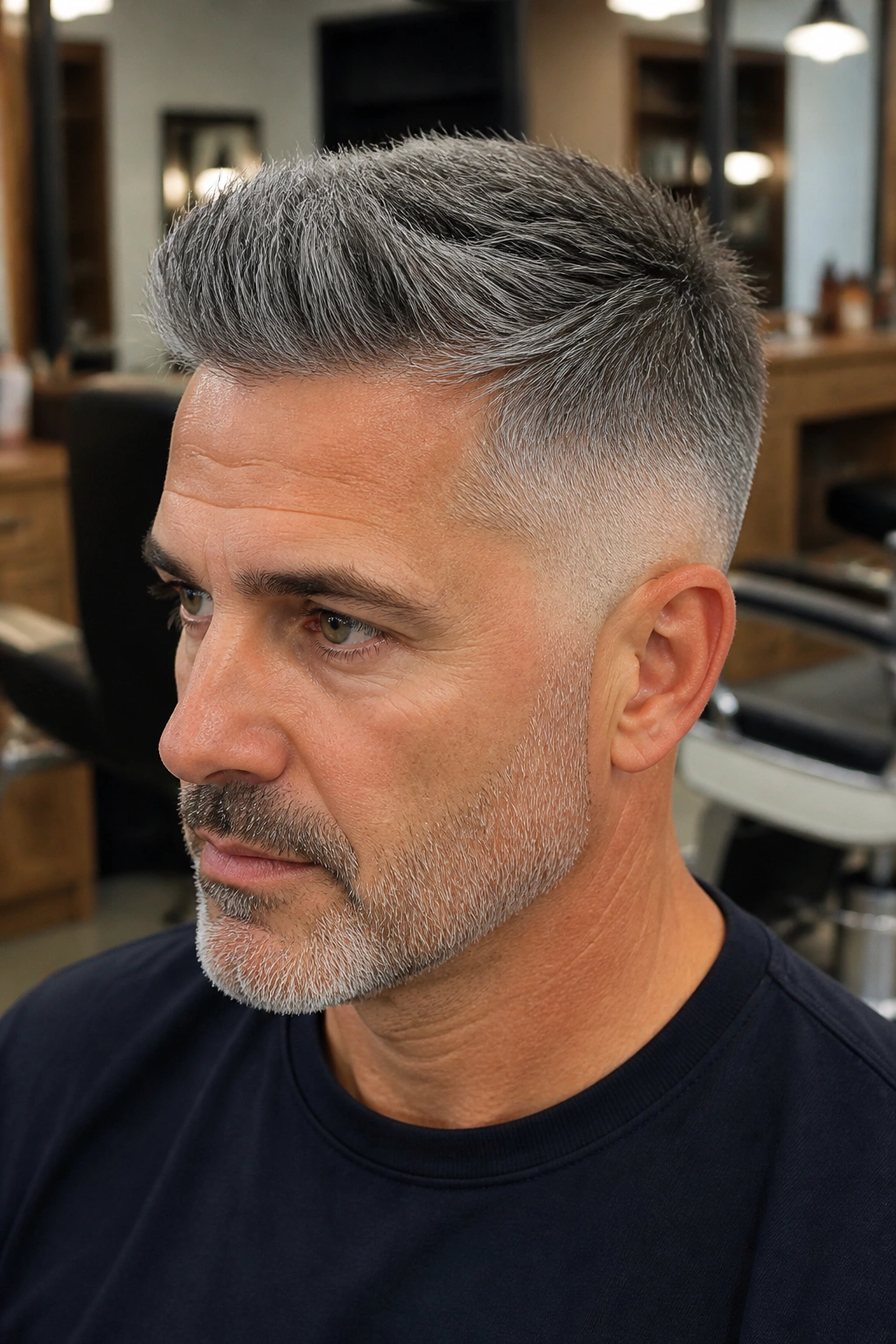 Close-up of a man with a grey taper fade in a barber shop setting.