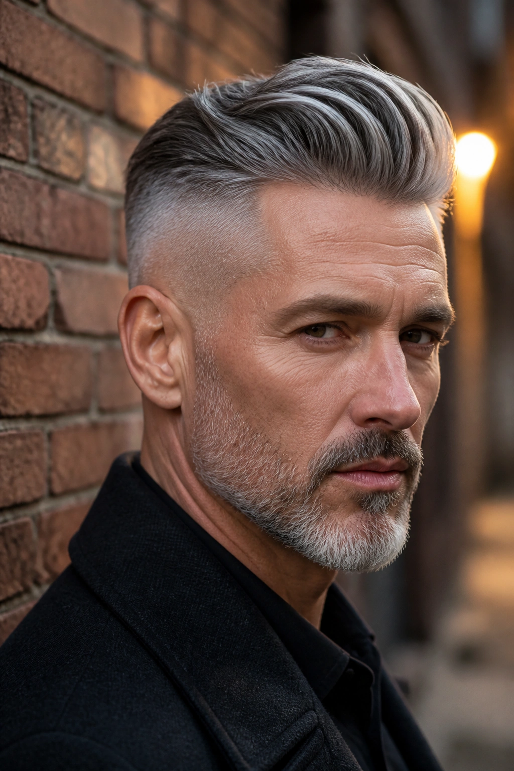 Close-up portrait of a man with grey undercut against brick background