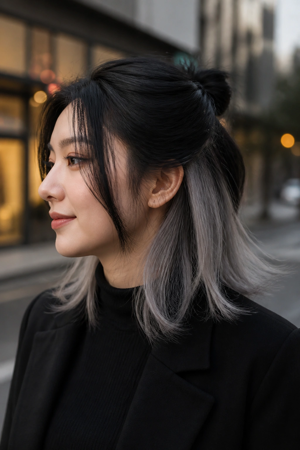 Hair with grey underlayer and black top on a real person.
