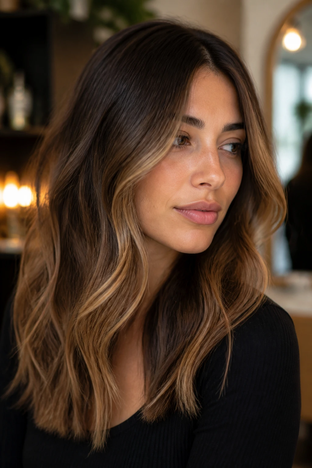 Close-up of a real woman with soft grow-out honey balayage on brown hair