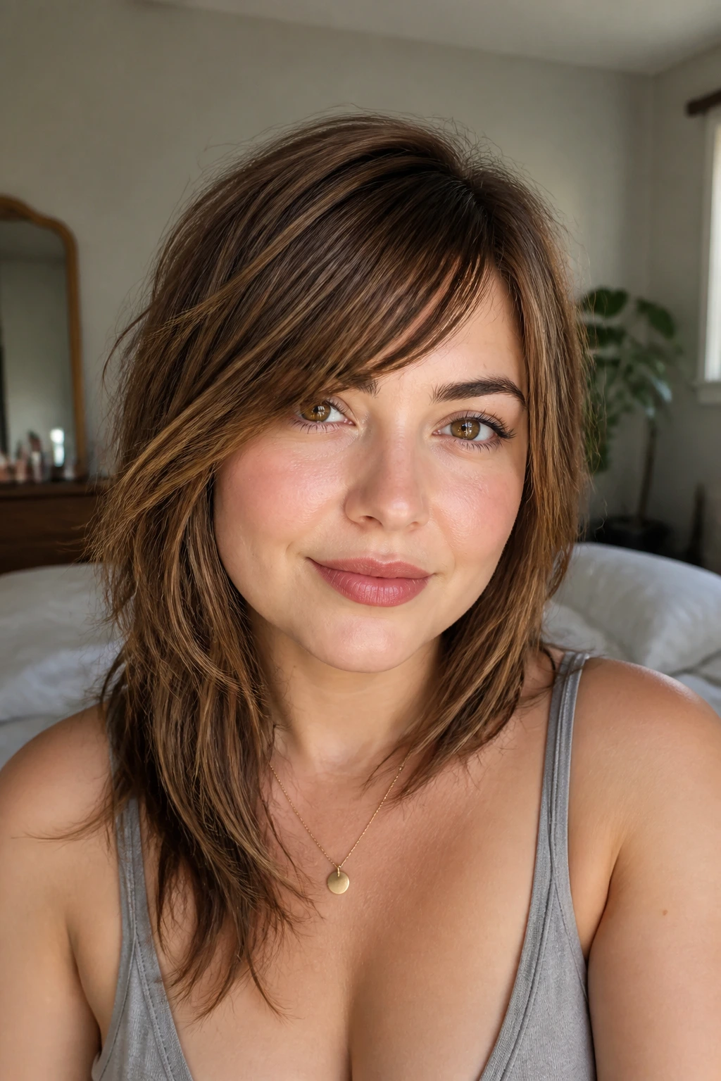 Close-up portrait of a real woman with choppy side bangs for a round face, softly lit by natural window light