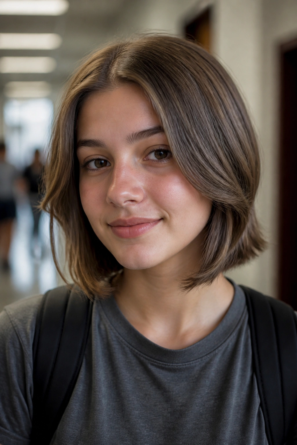 Real girl with grow-out bob neat perimeter in school hallway light