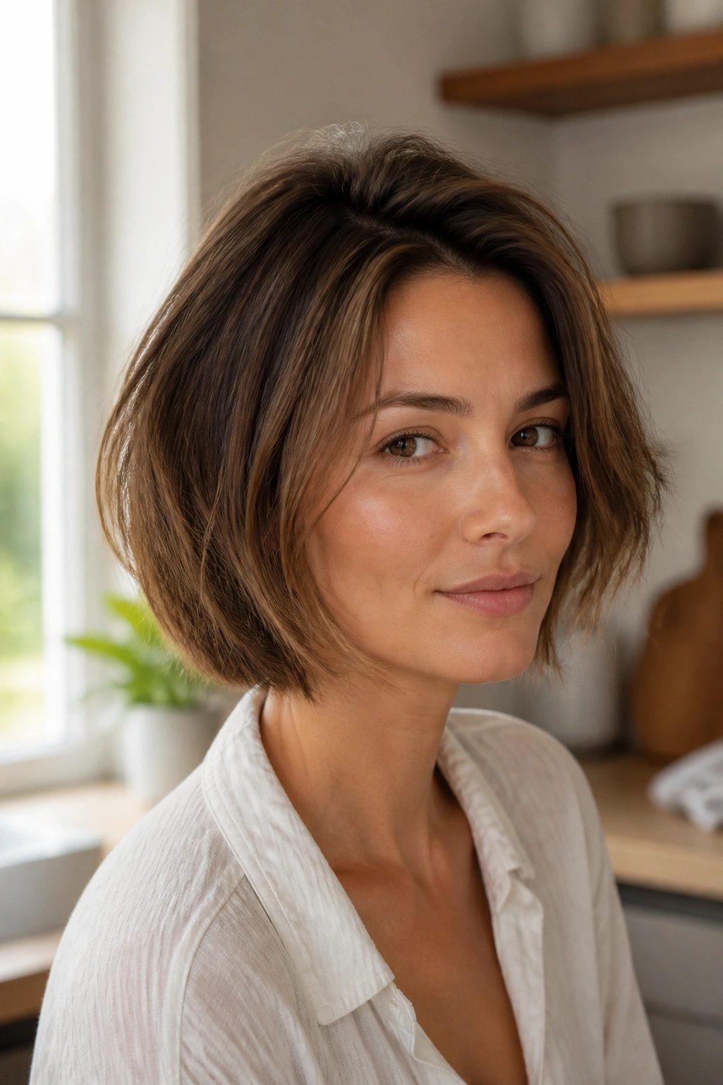 Portrait of woman with easy grow-out bob and soft volume by a window