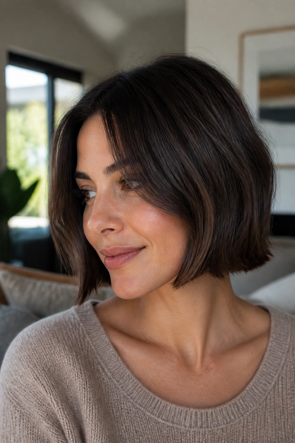 Brunette with grow-out bob in cozy living room daylight