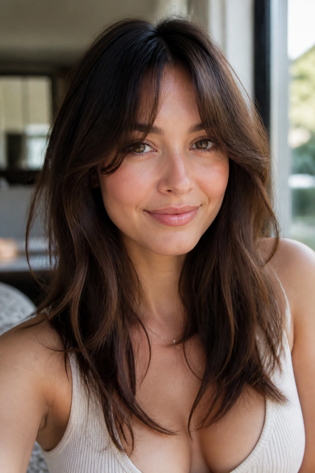 Close-up portrait of a real woman with grow-out curtain bangs in a cozy sunlit room