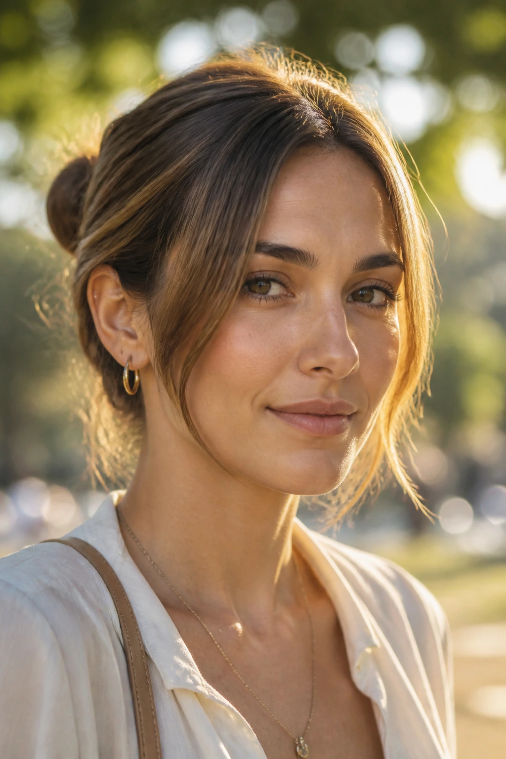 Close-up of a real woman with grow-out curtain bangs in golden hour park light
